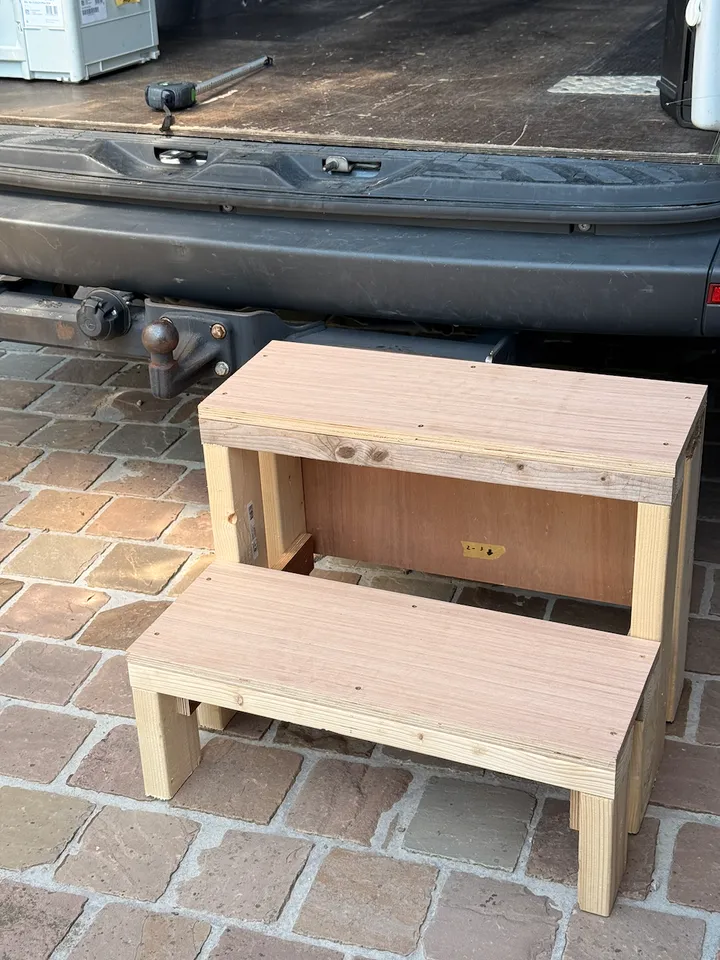 Side quest: a quick plywood step, because climbing in and out all day gets old.
