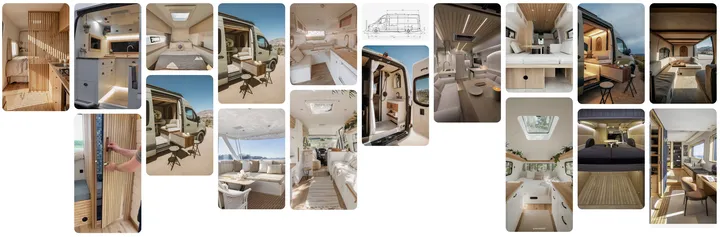 A Pinterest board full of bright van interiors: white walls, pale wood and lounge corners